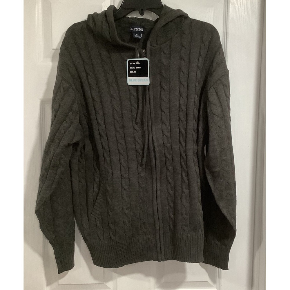 Vintage Y2K Blue Ocean BO Knit Hoodie Size XL Gray Deadstock NWT! Full Zip